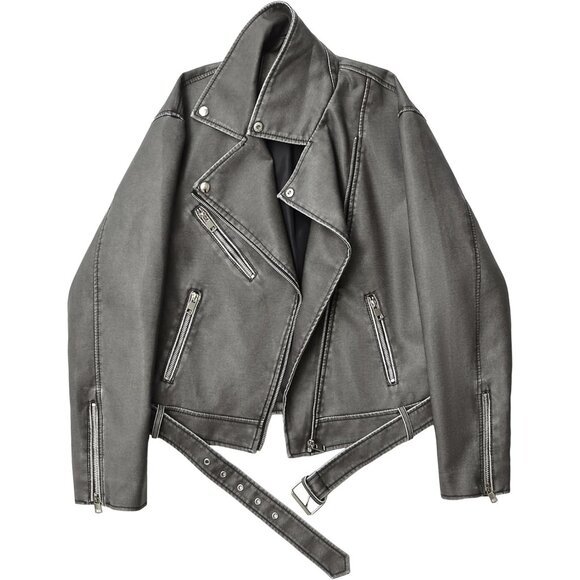 Jackets & Blazers - Women's Grey Faux Leather Lapel Collar Zip Up Long Sleeve Short Coat Jacket